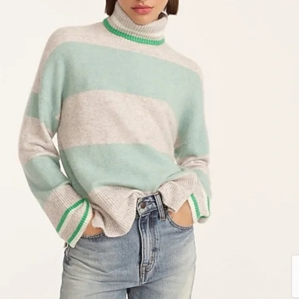 NWT J. Crew Striped Turtleneck Sweater In Supersoft Yarn 
Green Gray 
Size Small